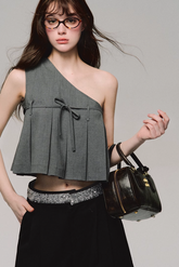 Gray box pleated camisole skin-friendly soft asymmetric sleeveless top